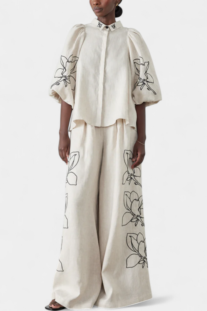 Helen Conjunto Floral de Pantalón Ancho y Manga Globo