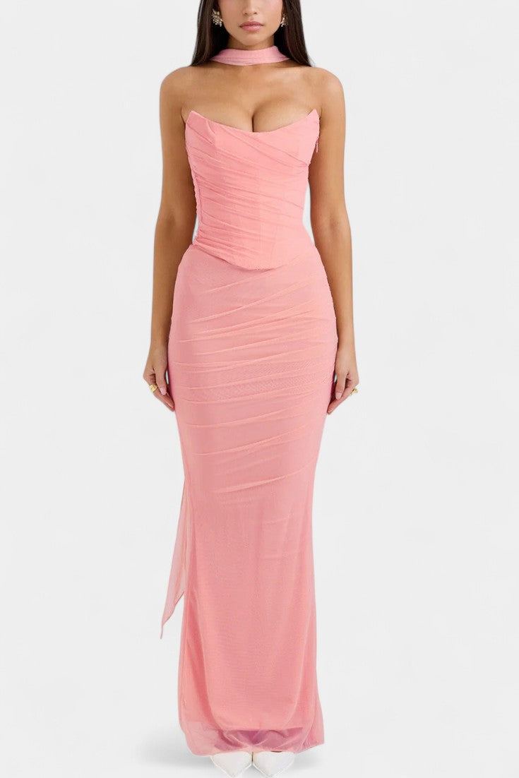 Blair Vestido Maxi de Malla con Corsé Fruncido