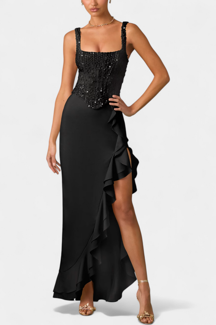 Cindy Vestido Midi Corsé con Volantes Asimétricos