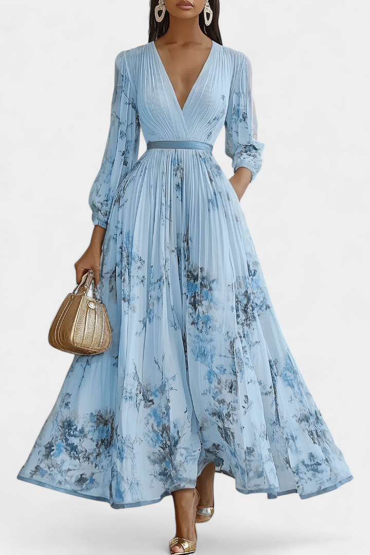 Phaedra Vestido Largo de Gasa Plisada con Mangas Globo