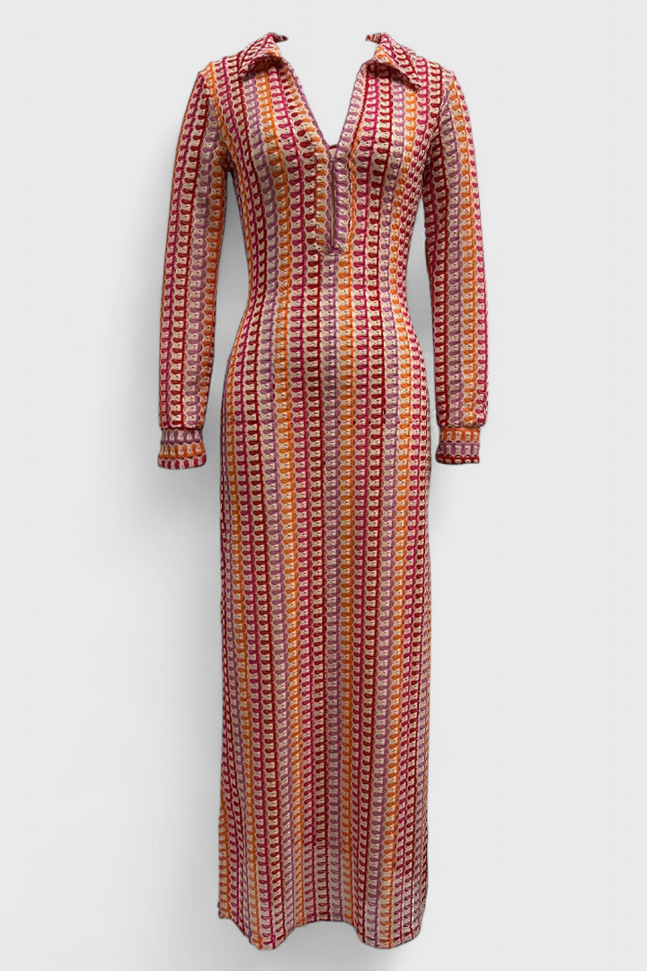 Crisanta Vestido Largo Estampado con Ondas Multicolores y Manga Larga