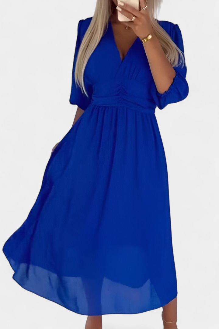 Dorina Vestido Midi Elegante con Escote en V y Mangas Livianas