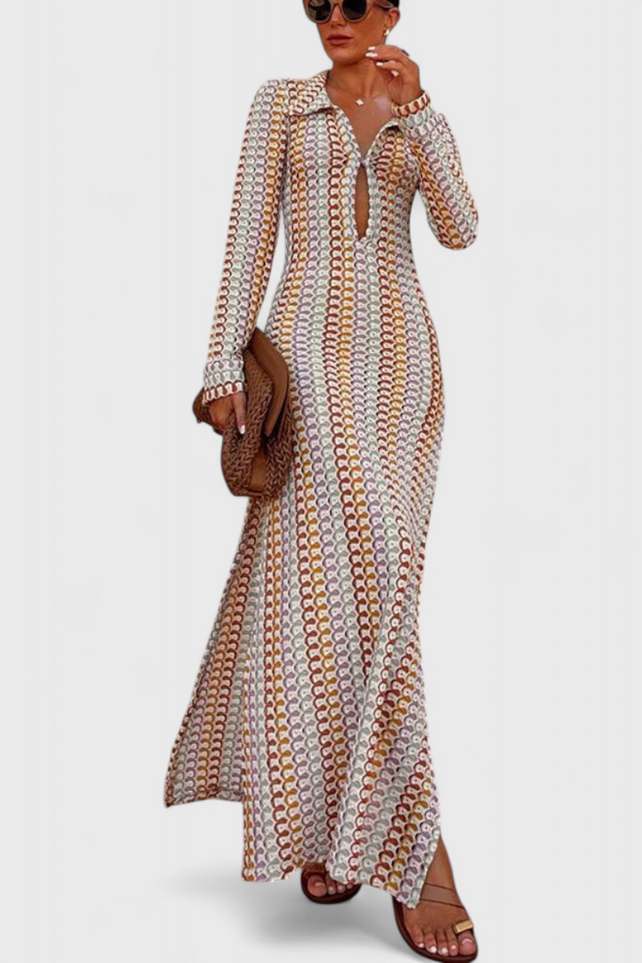 Crisanta Vestido Largo Estampado con Ondas Multicolores y Manga Larga