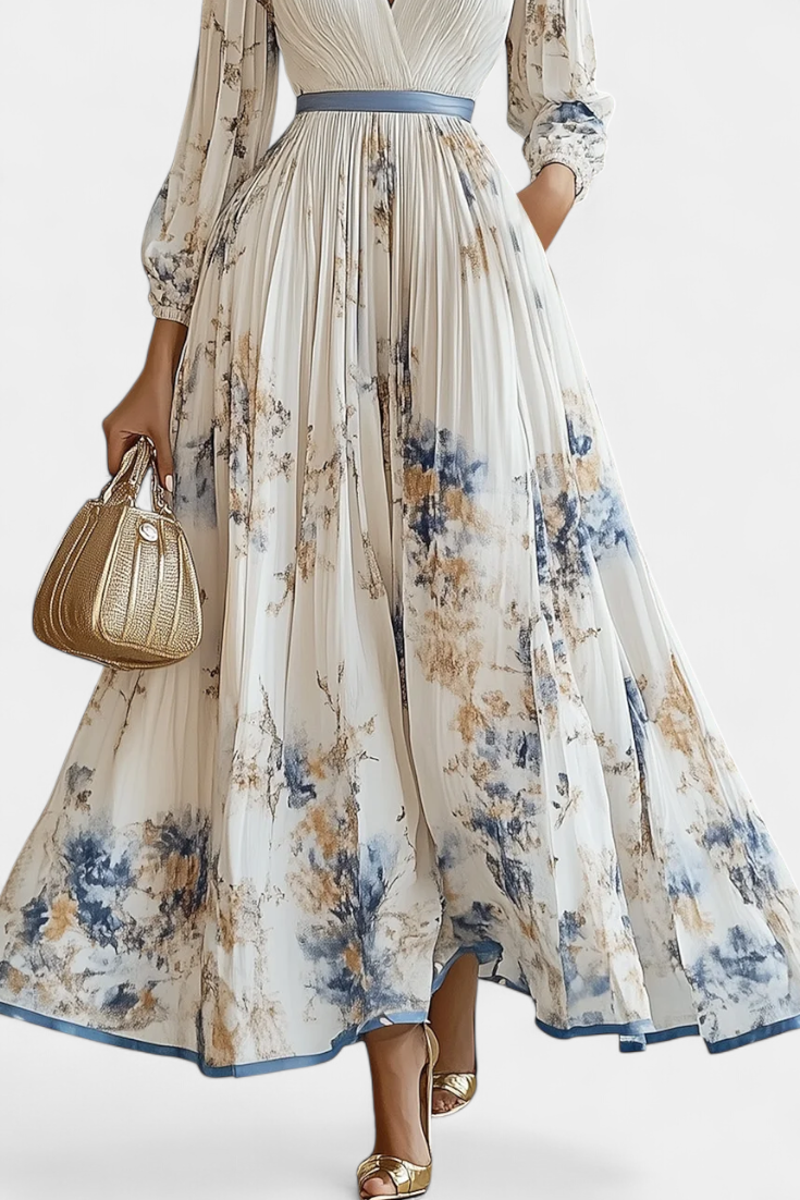 Phaedra Vestido Largo de Gasa Plisada con Mangas Globo