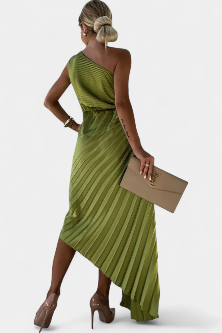 Leire Vestido de Cóctel Asimétrico con Aplique Floral y Falda Plisada