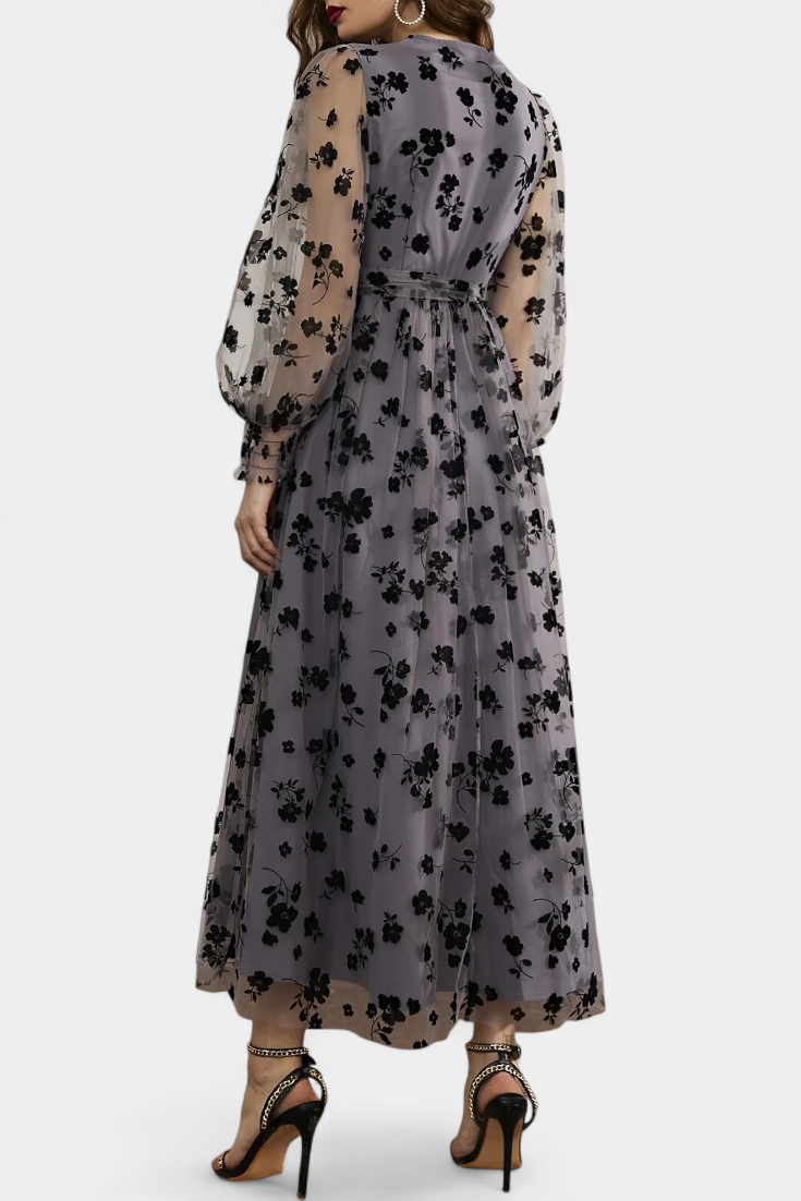 Iolanda Vestido Maxi de Encaje Floral con Mangas de Linterna