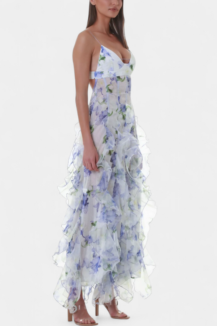 Bonnie Vestido Maxi con Volantes Florales y Corte Lateral