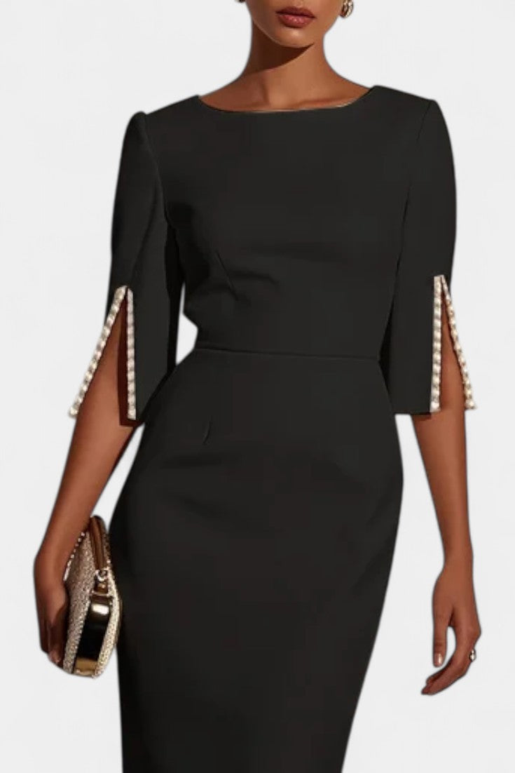 Reece Vestido Midi con Perlas y Cuello Redondo