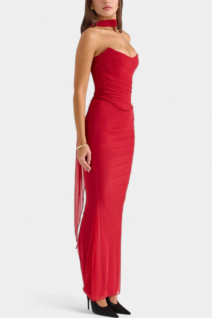 Blair Vestido Maxi de Malla con Corsé Fruncido