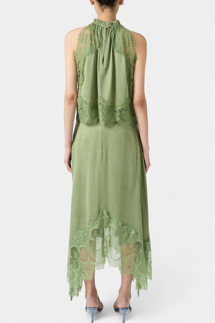 Coralena Conjunto de Falda Midi de Encaje con Dobladillo Asimétrico