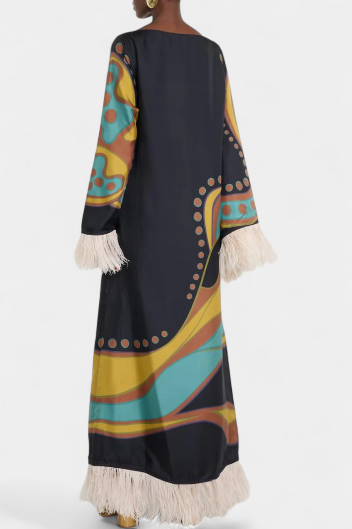 Kiara Vestido Maxi Retro con Flecos de Plumas