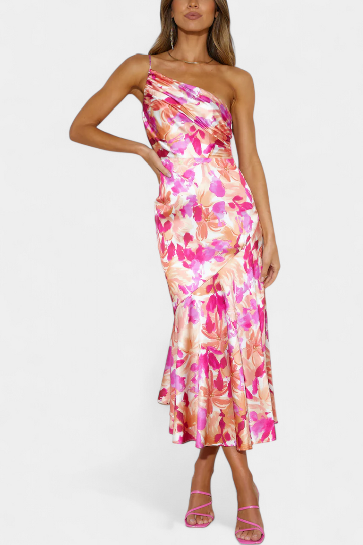 Reya Vestido Asimétrico de Un Hombro con Estampado Floral