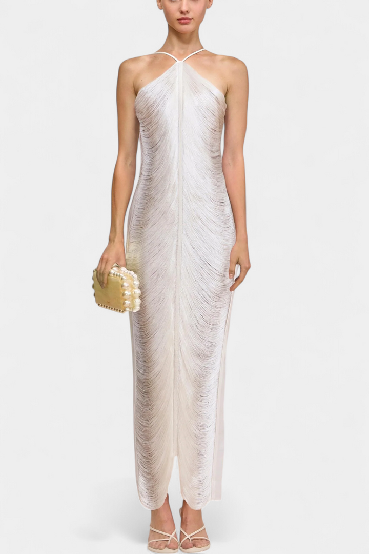 Jianna Vestido Halter con Flecos Metálicos