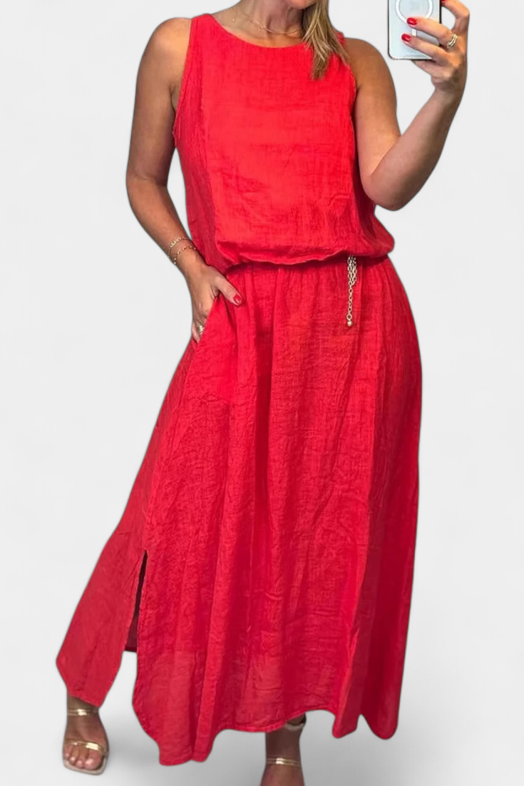 Meliora Conjunto en Lino y Algodón con Chaleco Sin Mangas y Falda