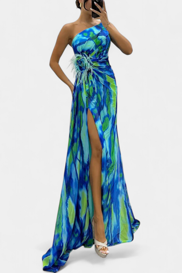 Aylin Vestido Maxi Asimétrico con Estampado Vibrante