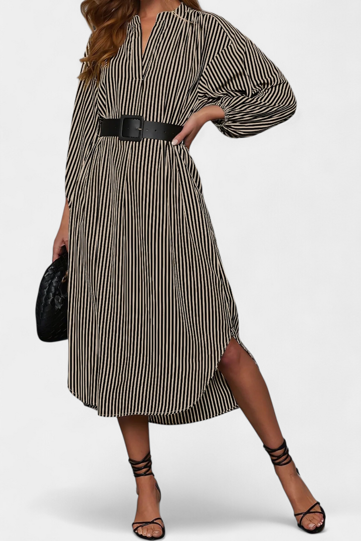 Eliana Vestido Rayado con Cinturón y Cuello de Muesca