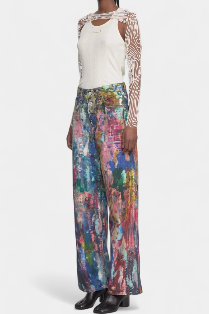 Rana Pantalones Vaqueros de Pierna Ancha con Estampado Artístico