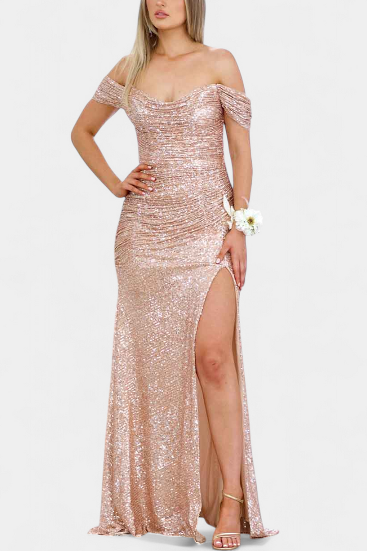 Molinas Vestido de Sirena Off-Shoulder con Lentejuelas