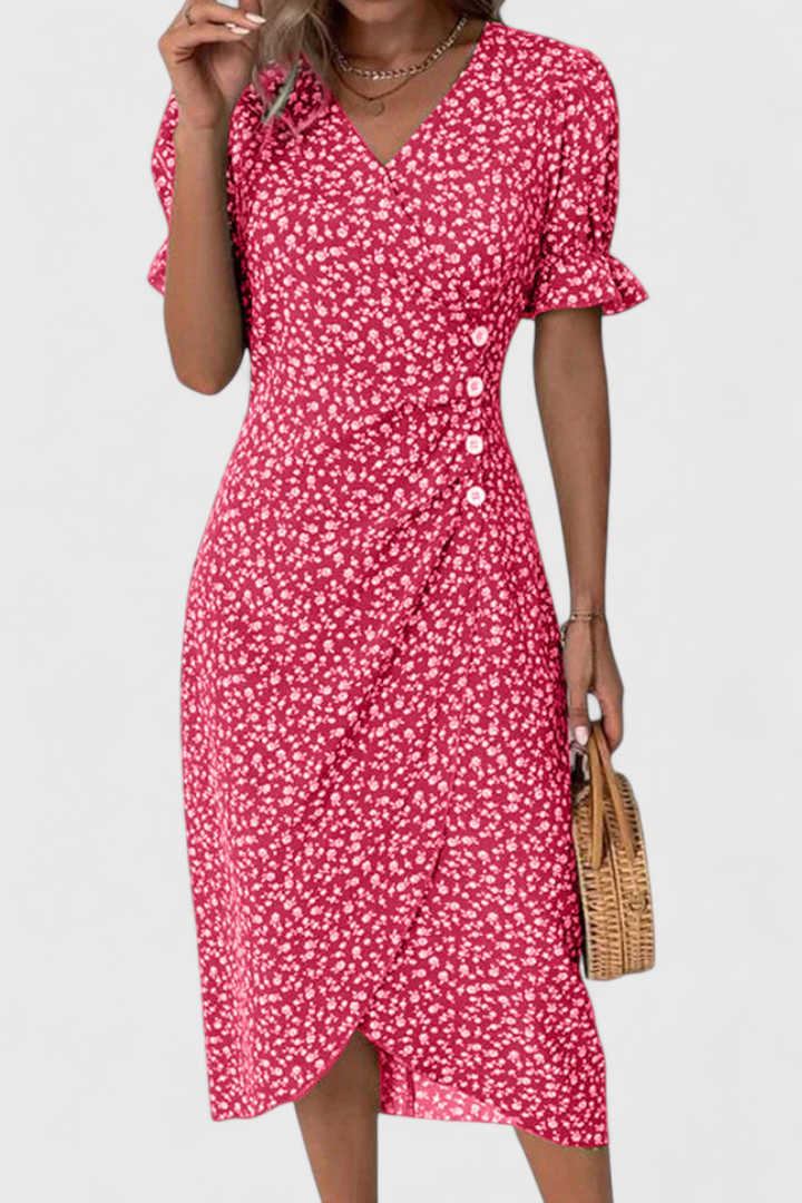 Joana Vestido Midi Floral con Escote en V y Mangas Cortas