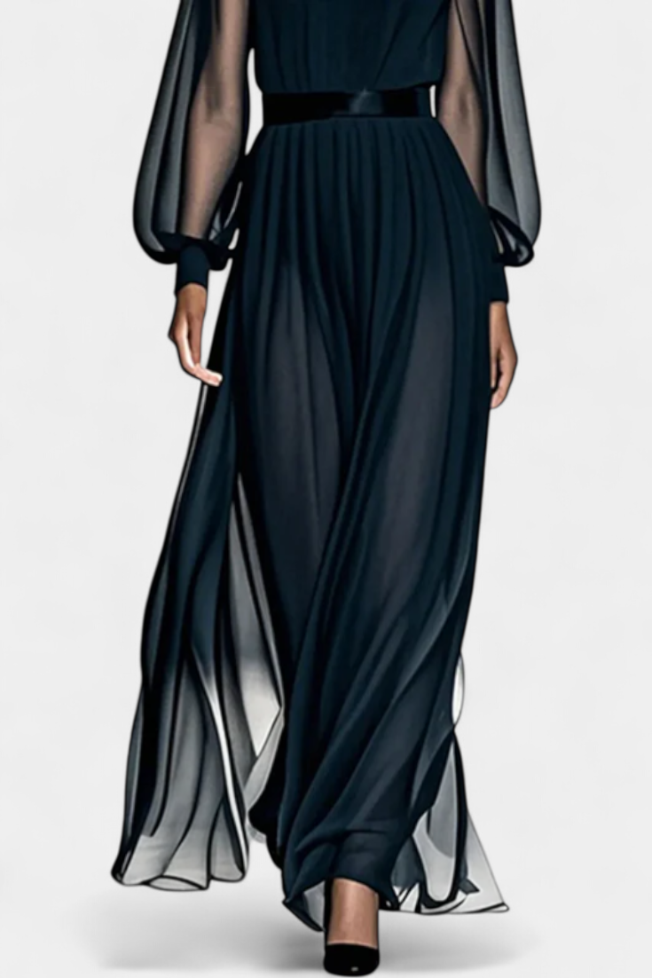 Aurelia Vestido Maxi de Gasa Plisada con Transparencias