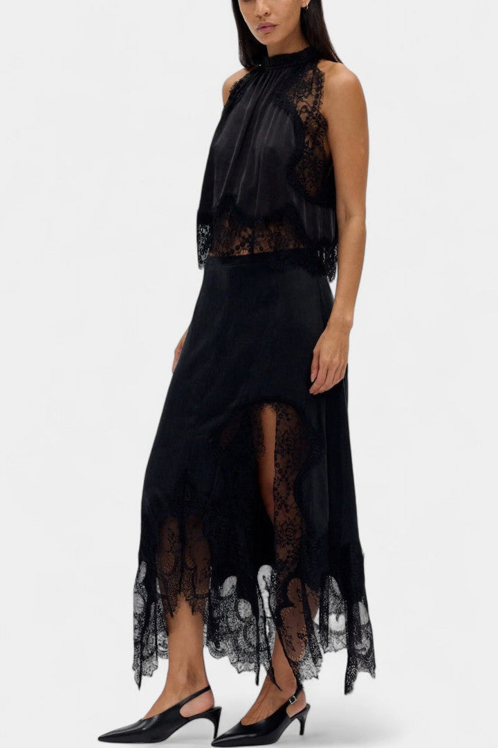 Coralena Conjunto de Falda Midi de Encaje con Dobladillo Asimétrico