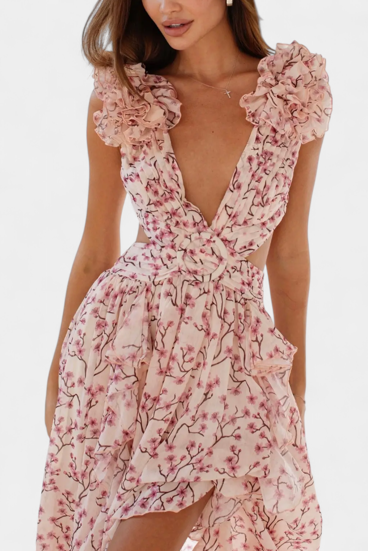 Zuleika Vestido de Chifón con Volantes y Aberturas Laterales