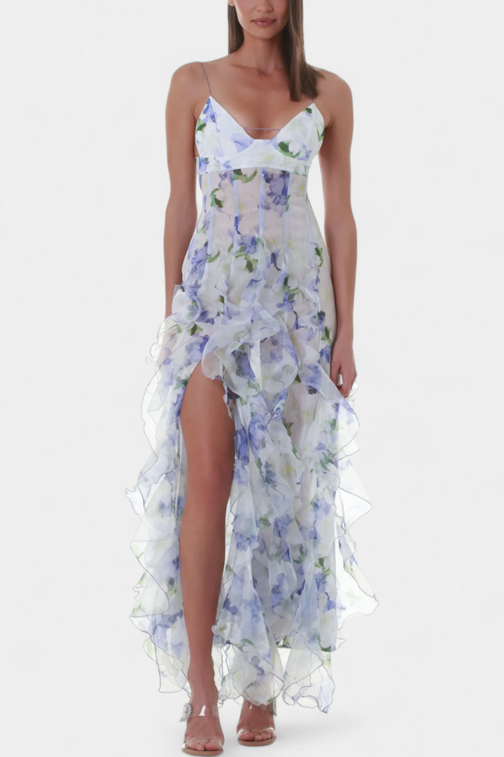 Bonnie Vestido Maxi con Volantes Florales y Corte Lateral