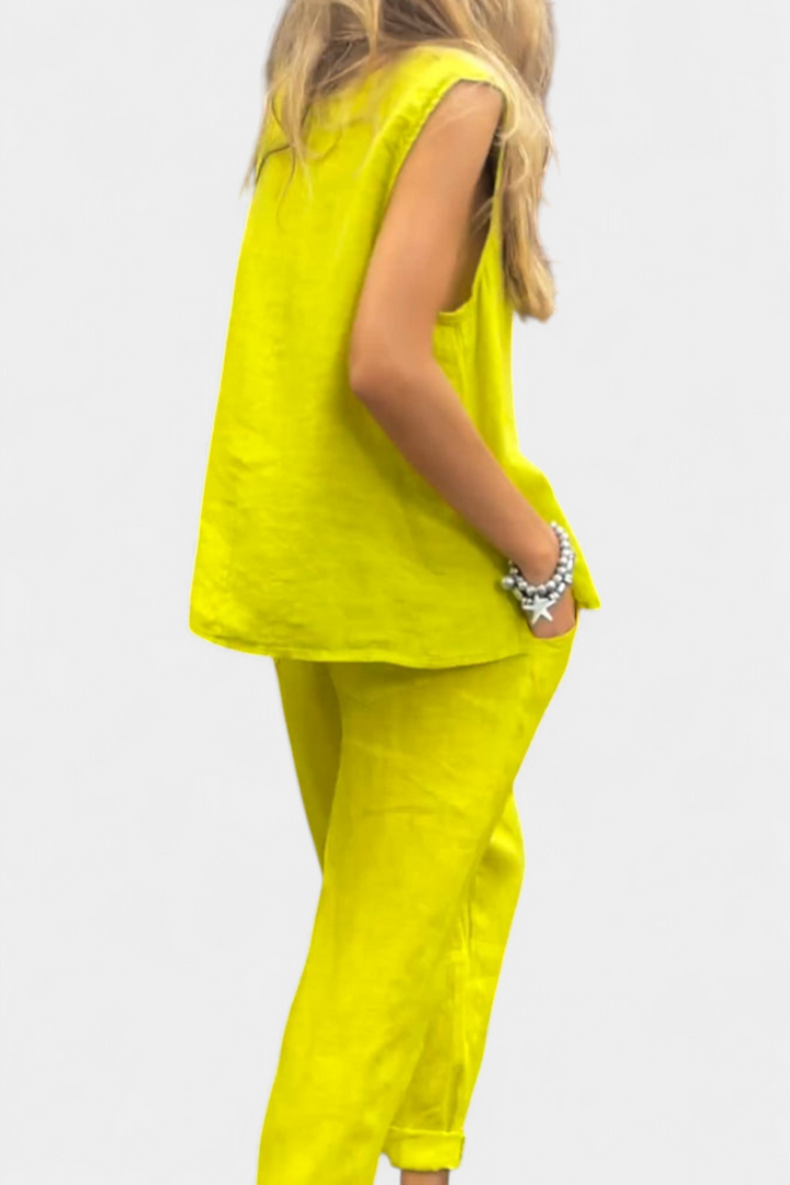 Leona Conjunto de Chaleco y Pantalón Sin Mangas en Algodón Lino
