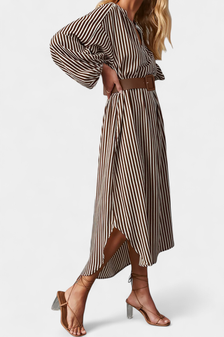 Eliana Vestido Rayado con Cinturón y Cuello de Muesca