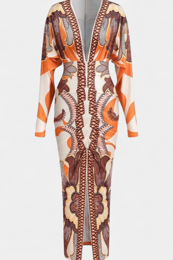 Diva Vestido Largo con Estampado Floral, Escote en V y Abertura Lateral