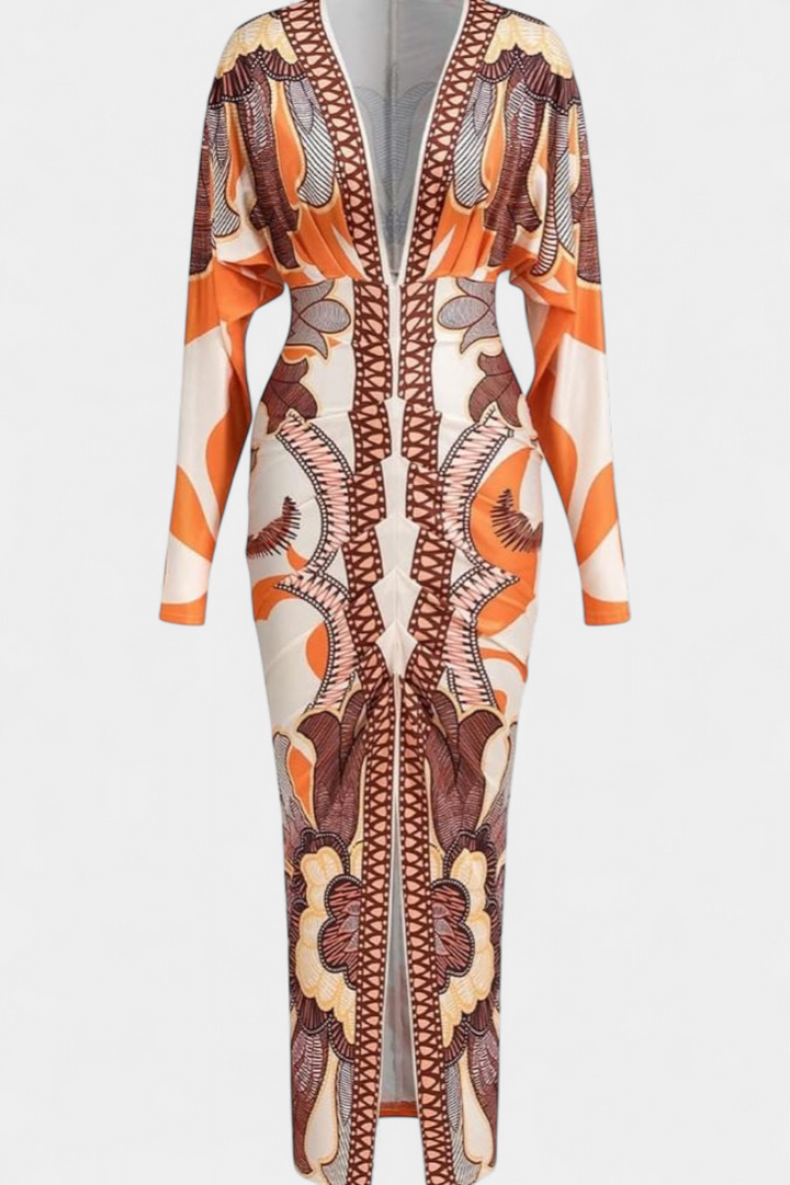 Diva Vestido Largo con Estampado Floral, Escote en V y Abertura Lateral