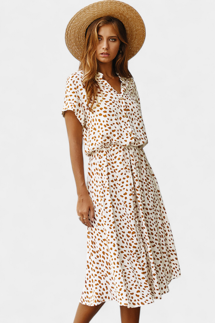 Rovena Vestido Midi de Lunares con Cuello Camisero y Cintura Ajustable