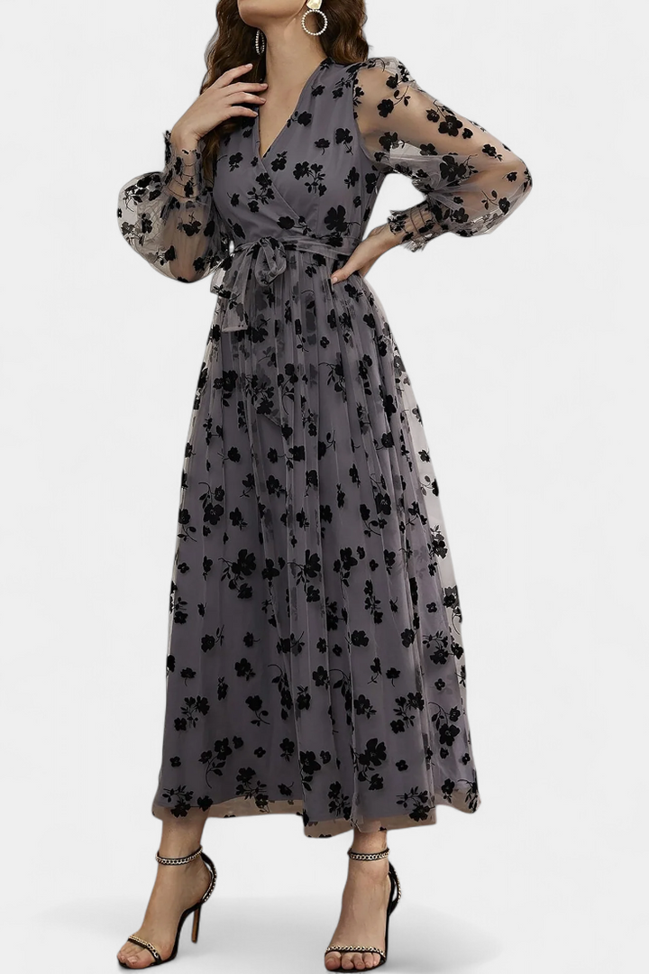 Iolanda Vestido Maxi de Encaje Floral con Mangas de Linterna