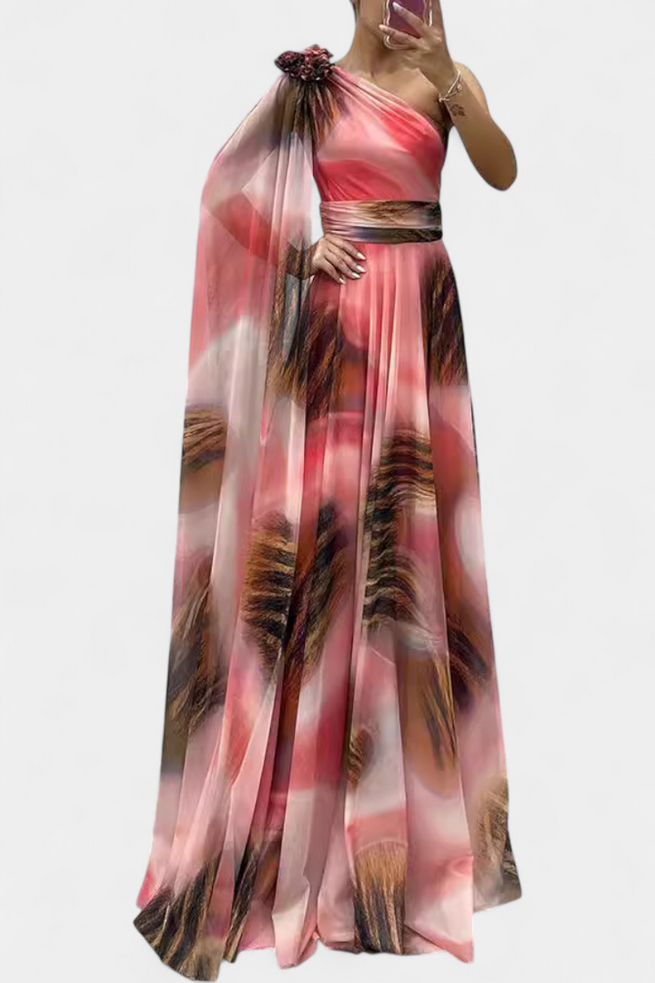 Cedara Vestido Largo de Un Hombro con Detalle Floral