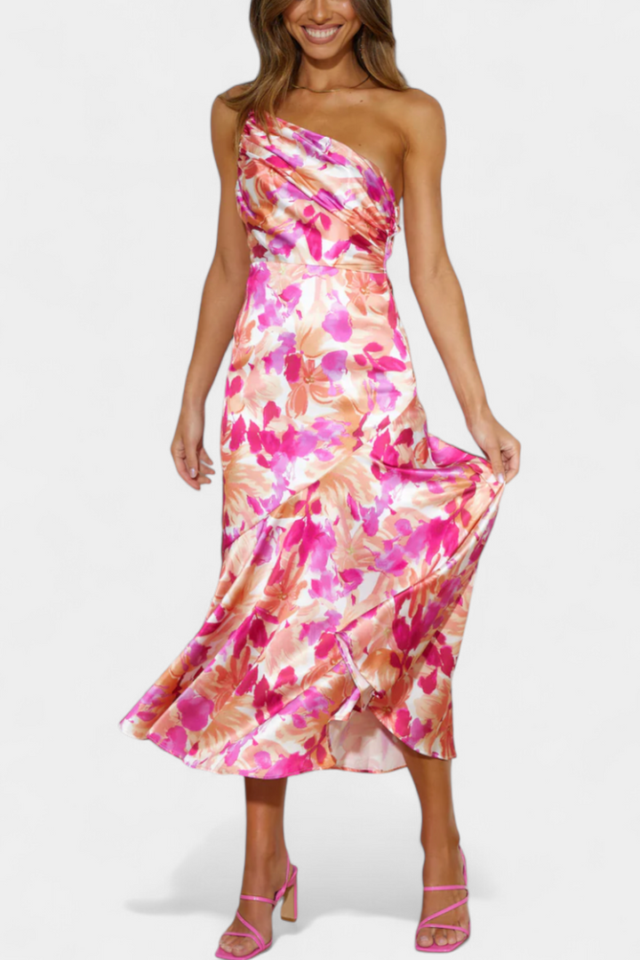 Reya Vestido Asimétrico de Un Hombro con Estampado Floral