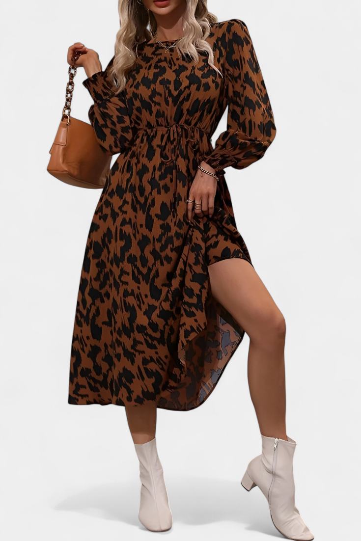 Nerin Vestido A-Line de Leopardo con Cintura Ajustable