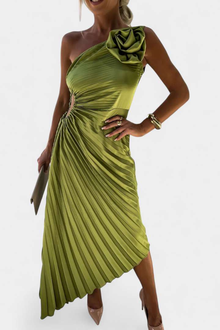 Leire Vestido de Cóctel Asimétrico con Aplique Floral y Falda Plisada