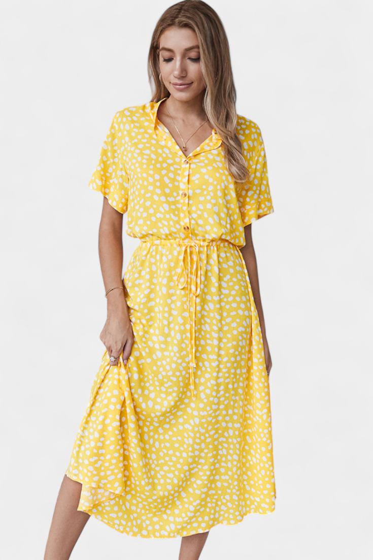 Rovena Vestido Midi de Lunares con Cuello Camisero y Cintura Ajustable