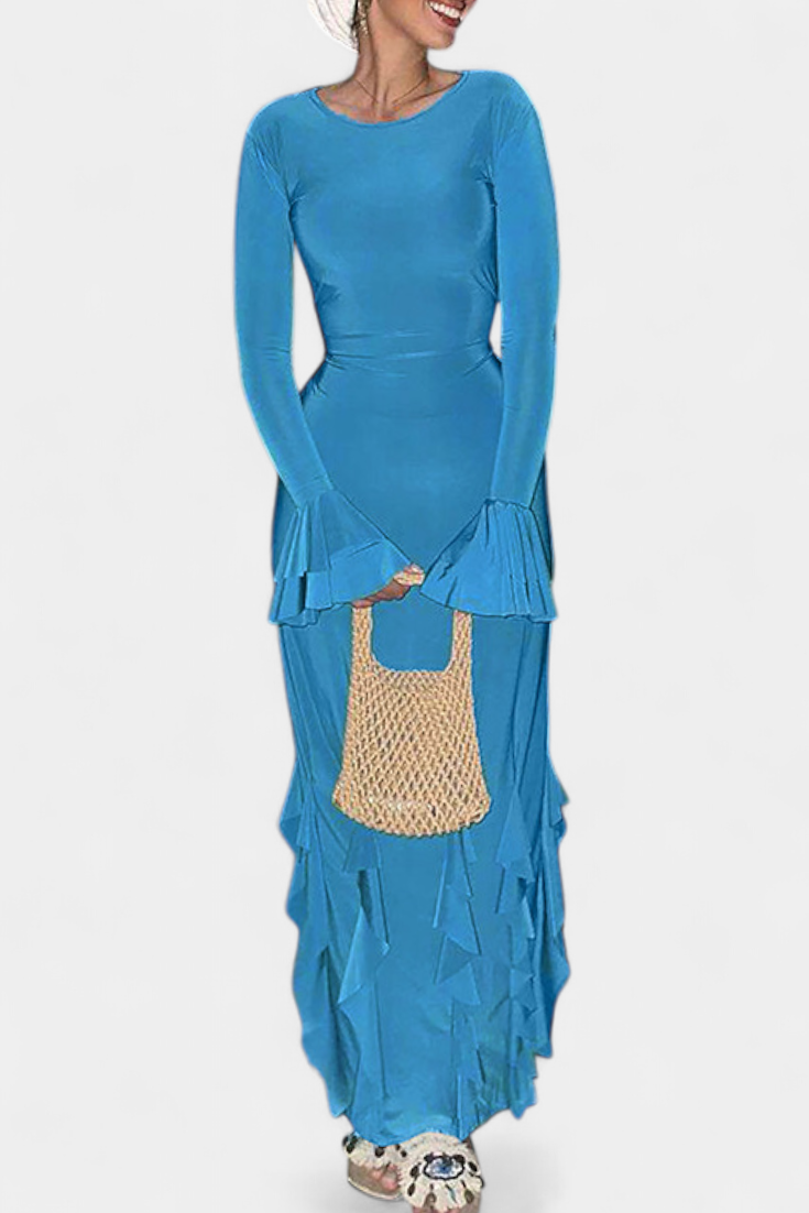Calissa Vestido Largo con Volantes y Mangas Acampanadas