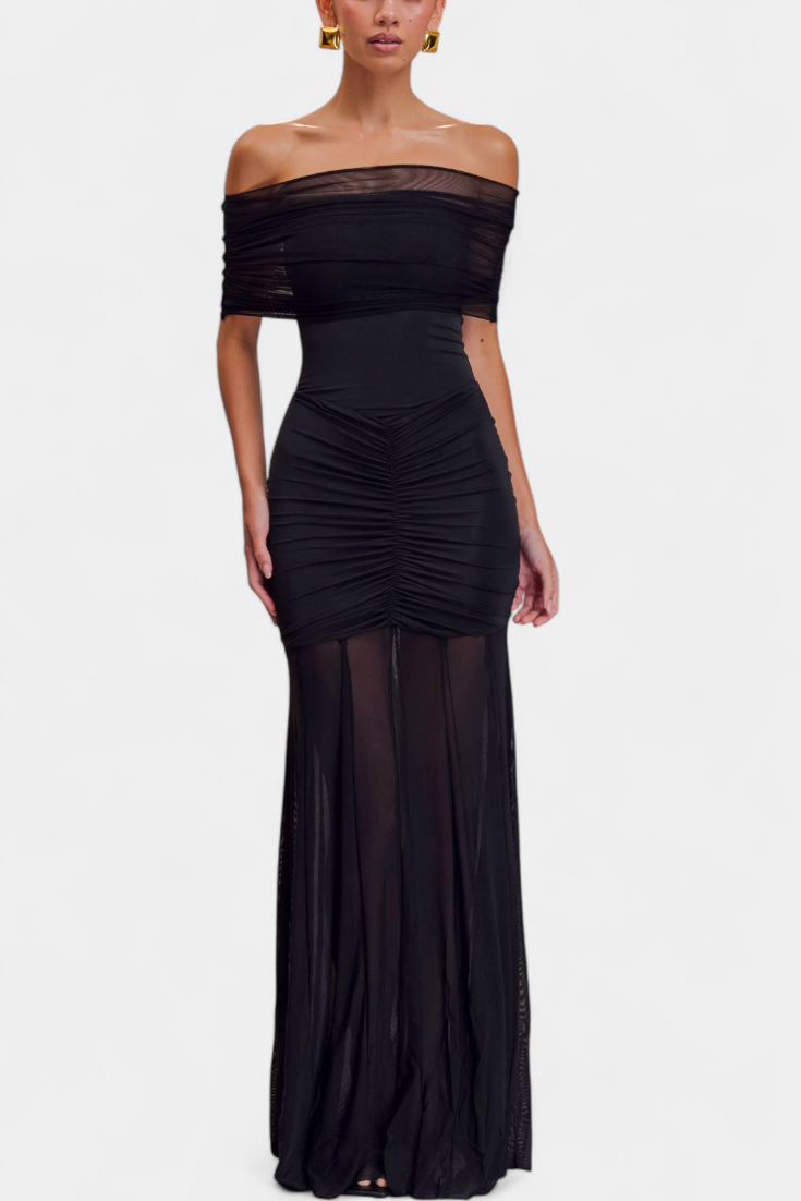 Alodia Vestido Maxi de Hombros con Capa de Malla