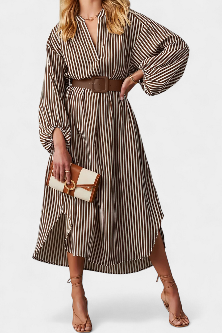 Eliana Vestido Rayado con Cinturón y Cuello de Muesca