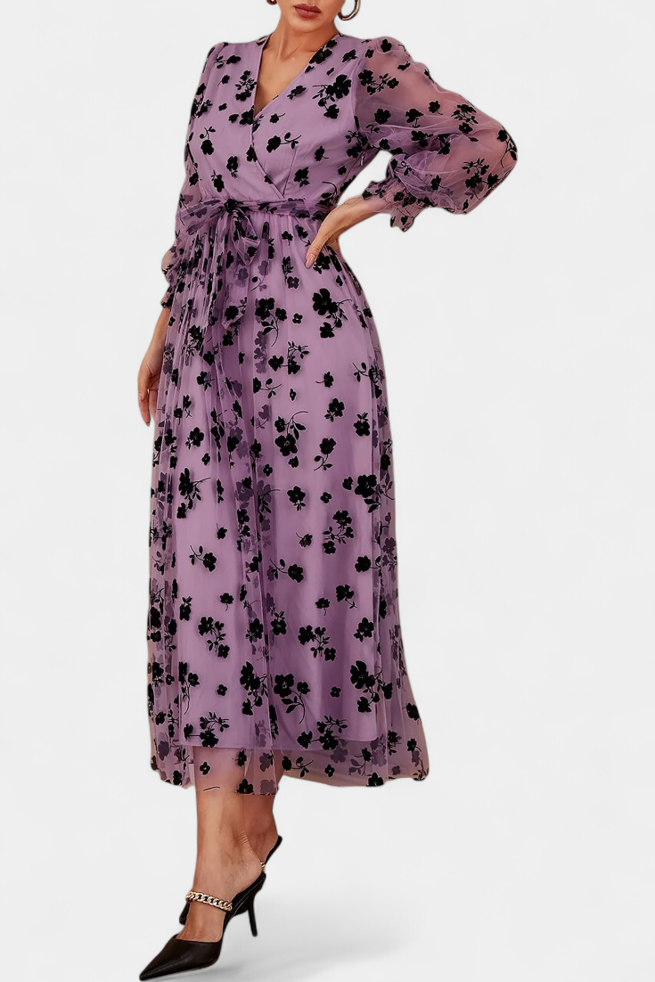 Iolanda Vestido Maxi de Encaje Floral con Mangas de Linterna