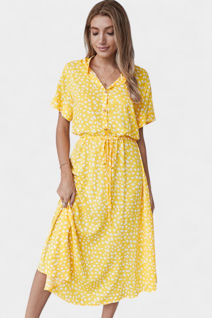 Rovena Vestido Midi de Lunares con Cuello Camisero y Cintura Ajustable