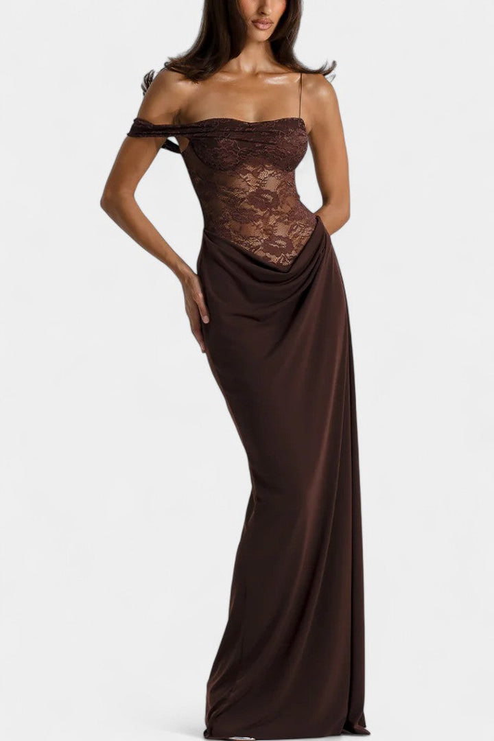 Castanza Vestido Maxi Asimétrico de Encaje con Dobladillo