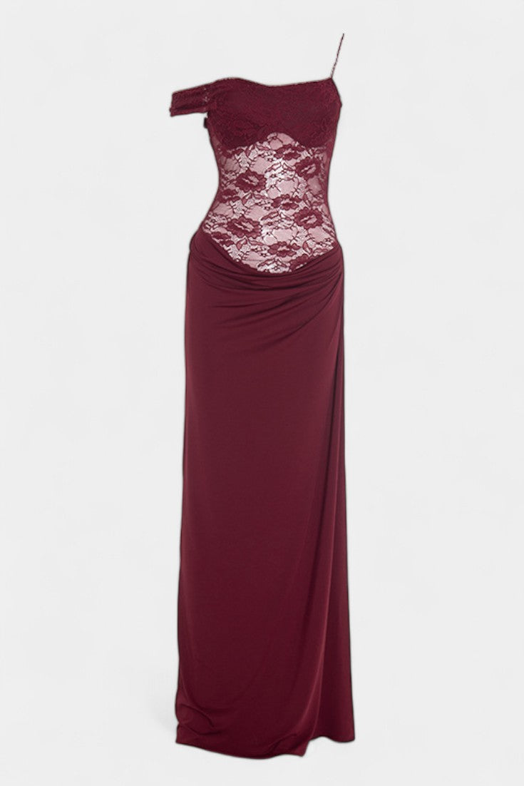 Castanza Vestido Maxi Asimétrico de Encaje con Dobladillo