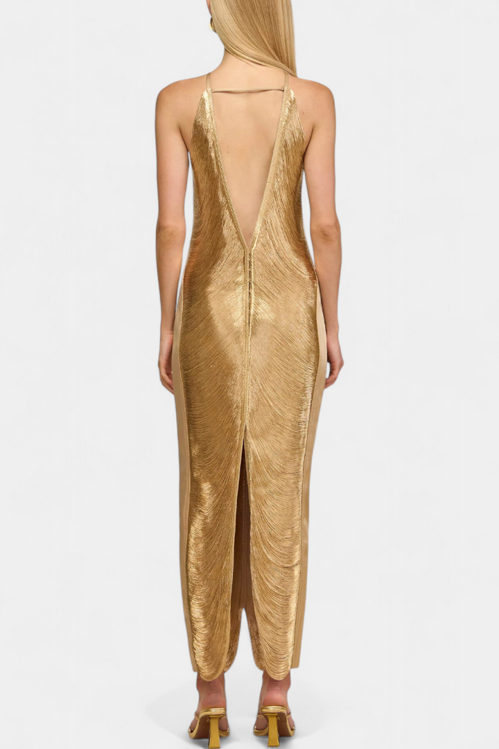 Jianna Vestido Halter con Flecos Metálicos