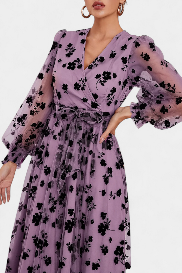 Iolanda Vestido Maxi de Encaje Floral con Mangas de Linterna