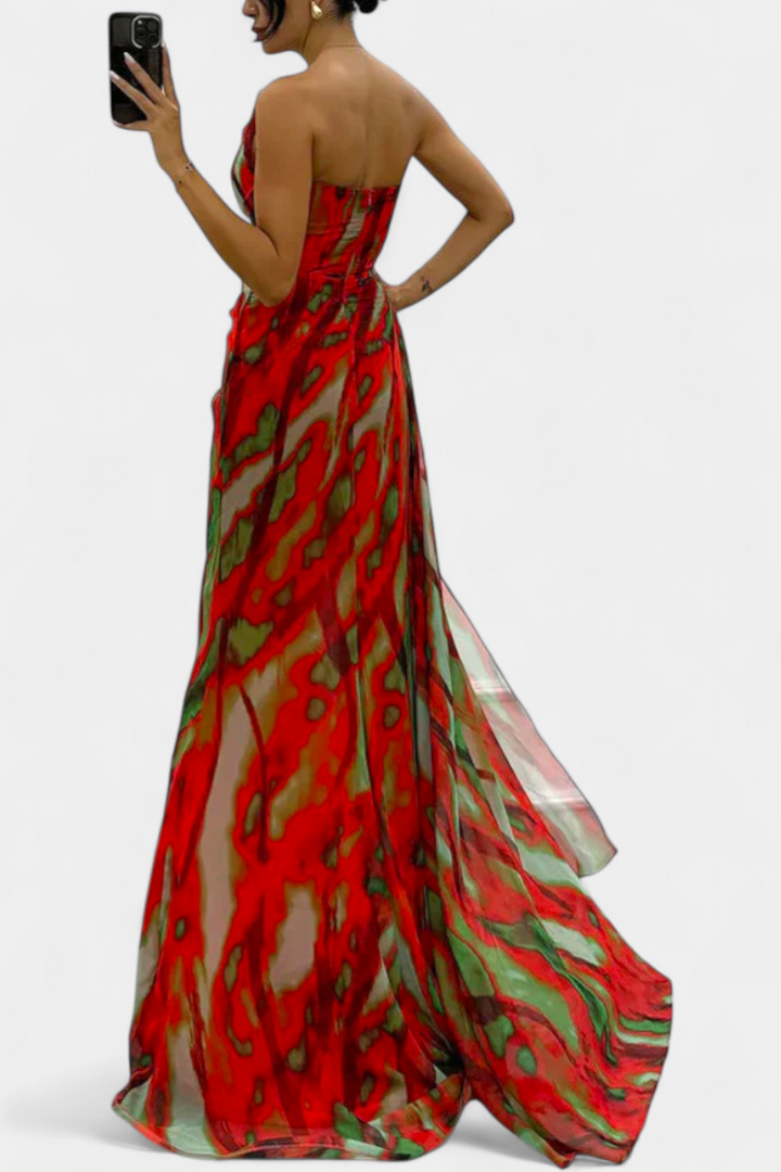 Aylin Vestido Maxi Asimétrico con Estampado Vibrante