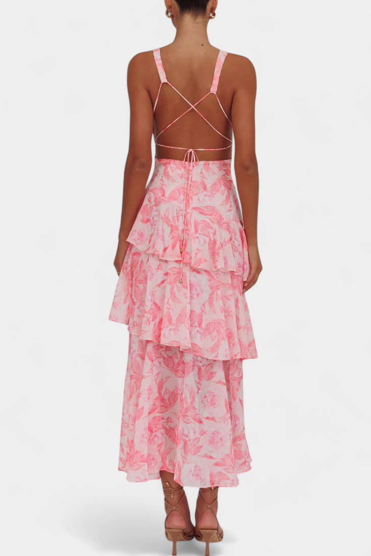 Domenica Vestido de Gasa con Escote en V y Capas Fluidas