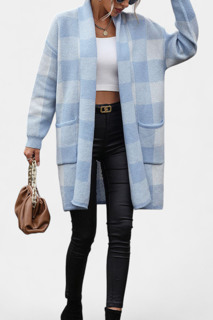 Lovella Cárdigan Casual a Cuadros con Bolsillos